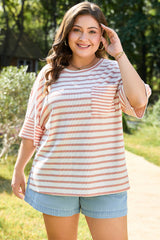 Pink Stripe Waffle Knit Pocketed Half Sleeve Plus Size T Shirt Pink Stripe 85%Polyester+10%Viscose+5%Elastane Plus Size Tops & Tees JT's Designer Fashion