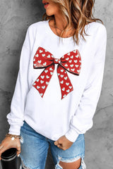 White Heart Bow Printed Round Neck Valentines Pullover Sweatshirt Graphic Sweatshirts JT's Designer Fashion