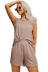 Smoke Gray Corded Sleeveless Top and Pocketed Shorts Set Short Sets JT's Designer Fashion