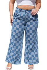 Dusk Blue Plus Size Checkered Seamed High Waist Wide Leg Jeans Plus Size Bottoms JT's Designer Fashion