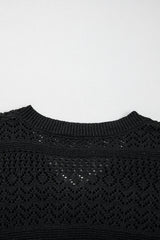 Black Eyelet Pattern Detail V Neck Drop Shoulder Sweater Sweaters JT's Designer Fashion