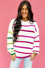 White Colorful Striped Drop Shoulder Crew Neck Sweater Sweaters JT's Designer Fashion