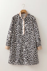 Multicolour Button Striped Collar Leopard Print Long Sleeve Flared Dress Mini Dresses JT's Designer Fashion