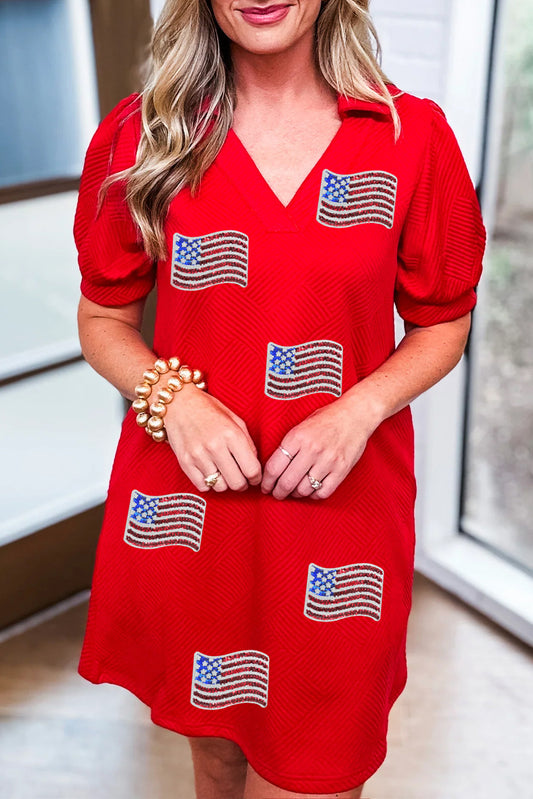Fiery Red Sequin American Flag Patched Polo Collar Textured T Shirt Dress Graphic Dresses JT's Designer Fashion