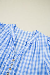 Sky Blue Gingham Short Sleeve Button Tie Split Neck Loose Mini Dress Mini Dresses JT's Designer Fashion
