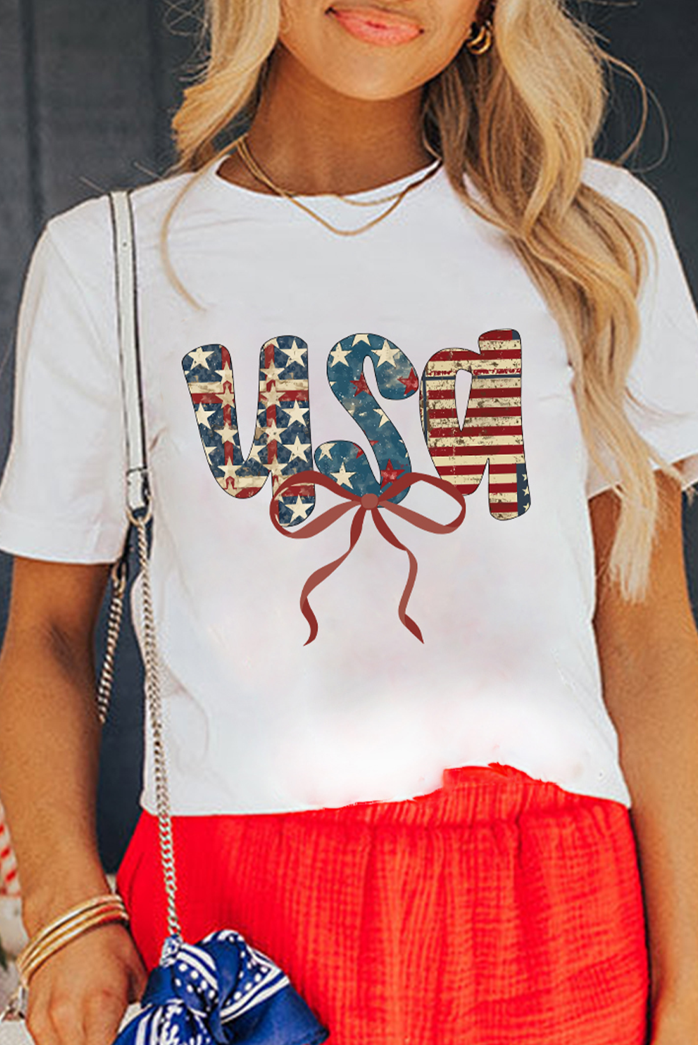 White usa Bow Letter Graphic Independence Day Fashion Tee Graphic Tees JT's Designer Fashion