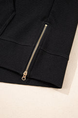 Black Textured Half Zip Kangaroo Pocket Top Drawstring Shorts Set Short Sets JT's Designer Fashion