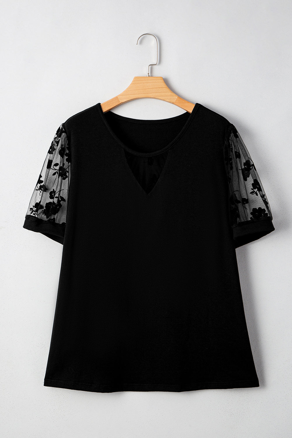Black Floral Mesh Patchwork Loose V Neck Plus Size T Shirt Plus Size Tops & Tees JT's Designer Fashion