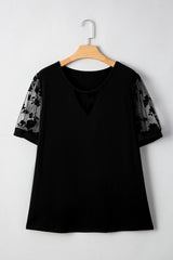 Black Floral Mesh Patchwork Loose V Neck Plus Size T Shirt Plus Size Tops & Tees JT's Designer Fashion