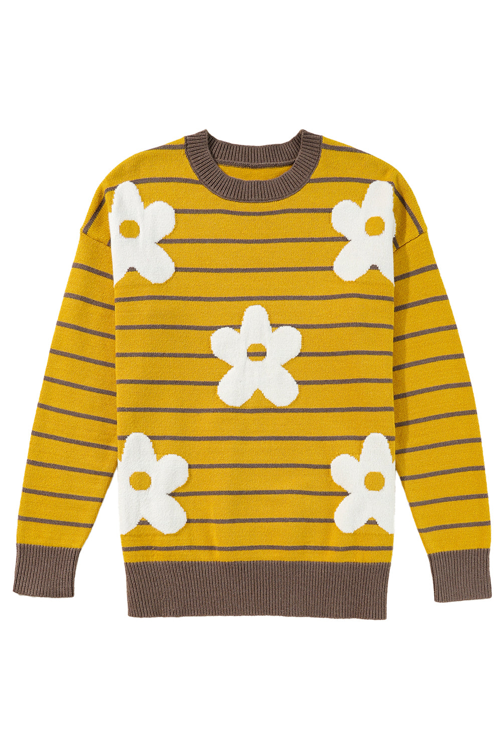 Yellow Stripe Daisy Floral Knitted Round Neck Sweater Sweaters JT's Designer Fashion