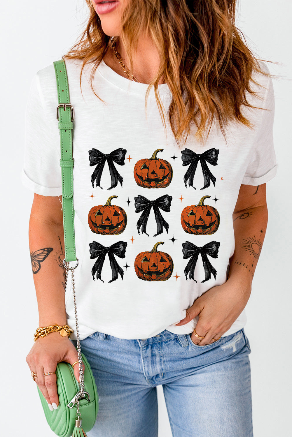 White Halloween Pumpkin Face Bowknot Graphic T Shirt Graphic Tees JT's Designer Fashion