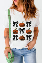 White Halloween Pumpkin Face Bowknot Graphic T Shirt Graphic Tees JT's Designer Fashion