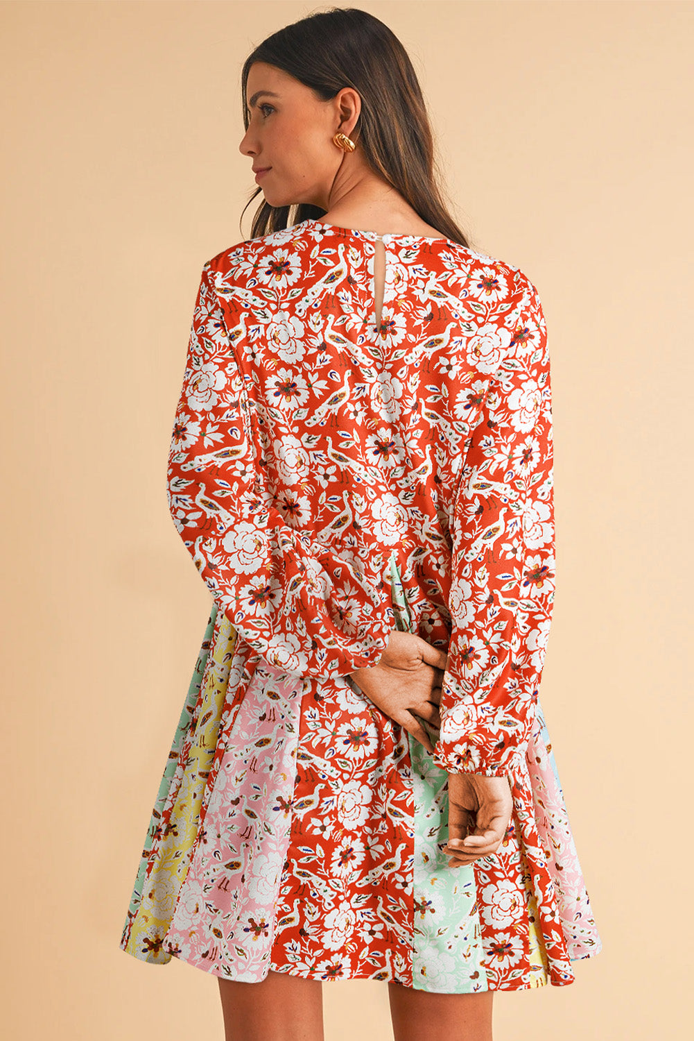 Red Colorful Floral Patchwork Long Sleeve Pleated Mini Dress Floral Dresses JT's Designer Fashion