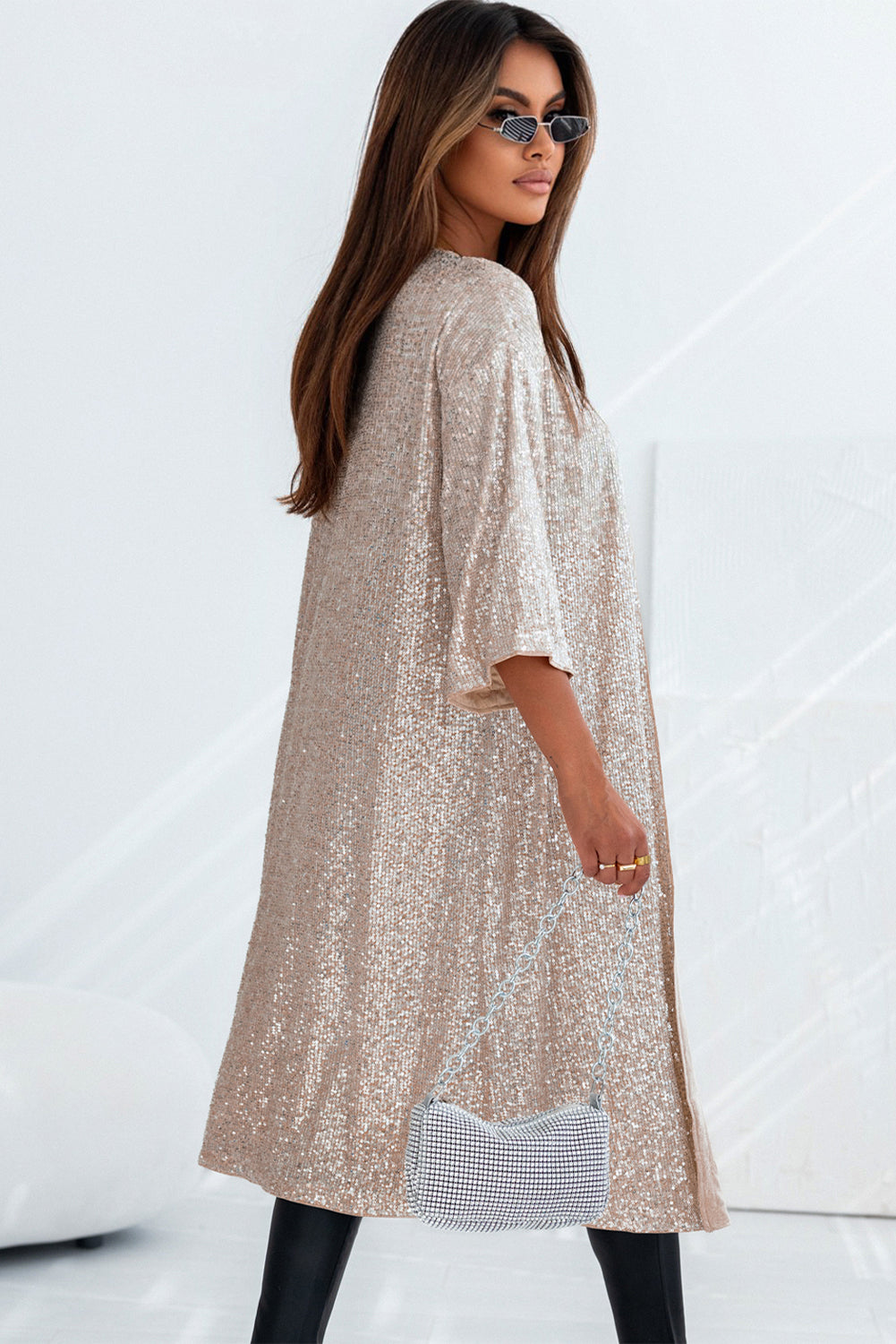 Apricot Sequin 3/4 Sleeve Open Front Duster Kimono Kimonos JT's Designer Fashion