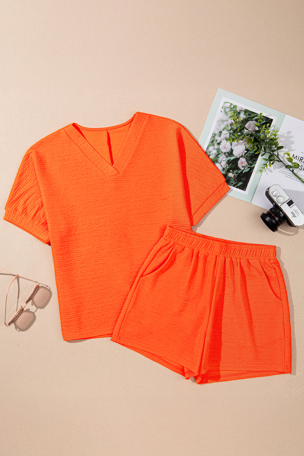 Orange Textured V Neck T Shirt and Shorts Set Short Sets JT's Designer Fashion
