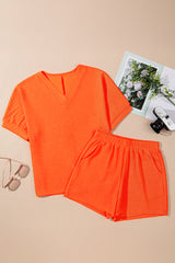 Orange Textured V Neck T Shirt and Shorts Set Short Sets JT's Designer Fashion