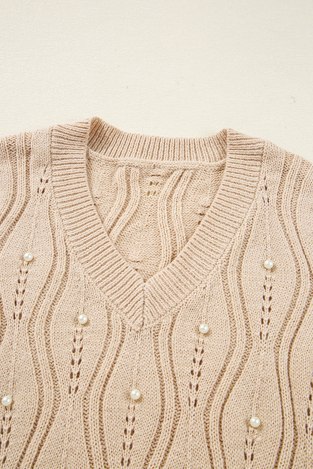 Smoke Gray Pearl Beaded Pointelle Knit V Neck Lace Patchwork Sleeve Sweater Sweaters JT's Designer Fashion