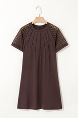 Dark Brown Contrast Lace Raglan Sleeve Pleated Detail Shift Dress T Shirt Dresses JT's Designer Fashion