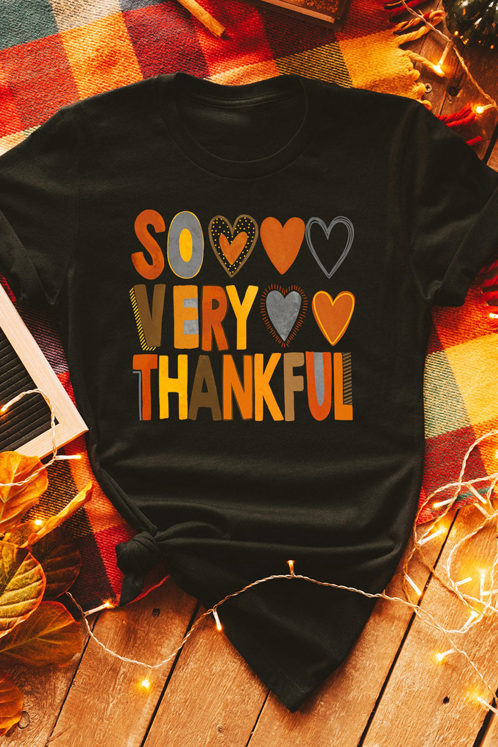 Black So Very Thankful Heart Printed Crewneck Thanksgiving T Shirt Graphic Tees JT's Designer Fashion