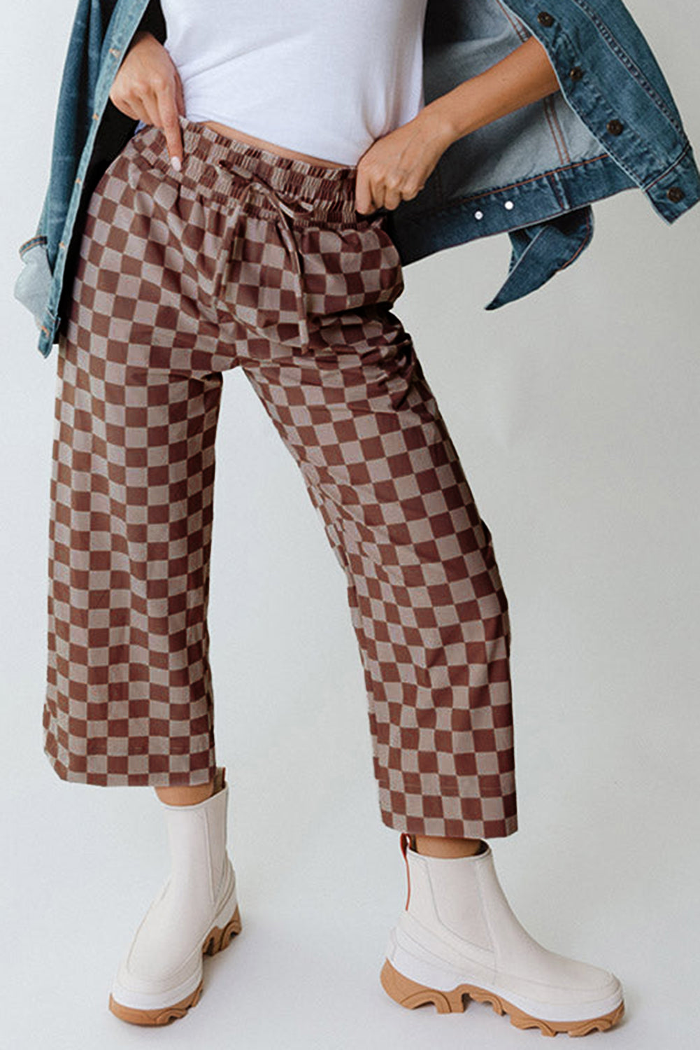 Khaki Checkered Elastic High Waist Loose Casual Pants Pants & Culotte JT's Designer Fashion