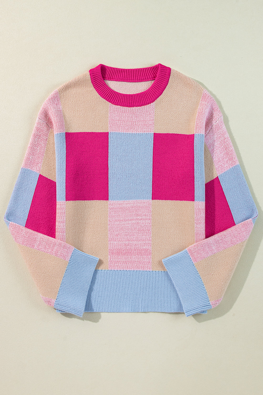 Rose Red Color Block Drop Shoulder Crewneck Loose Fit Sweater Sweaters JT's Designer Fashion