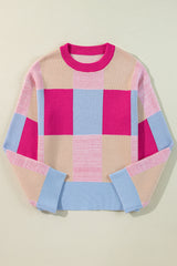 Rose Red Color Block Drop Shoulder Crewneck Loose Fit Sweater Sweaters JT's Designer Fashion