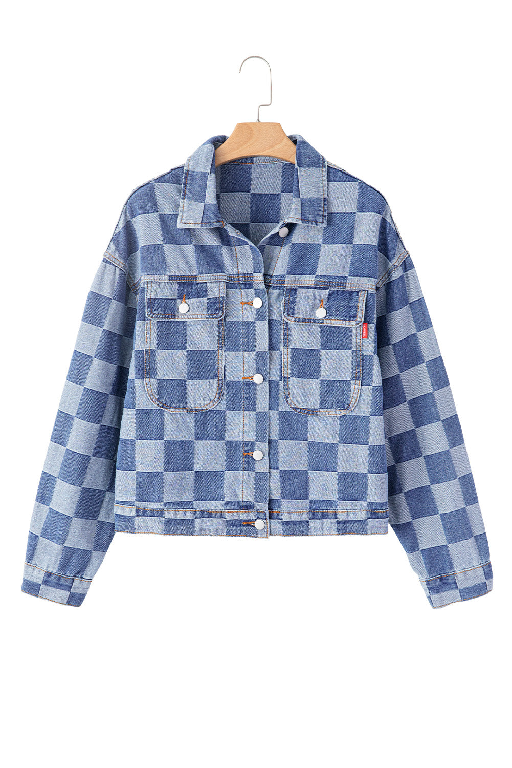 Light Blue Checkered Patchwork Button up Denim Jacket Denim Jackets JT's Designer Fashion