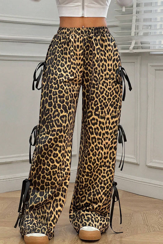 Brown Leopard Print Bow Tie Drawstring Elastic Waist Loose High Waist Pants Pants & Culotte JT's Designer Fashion