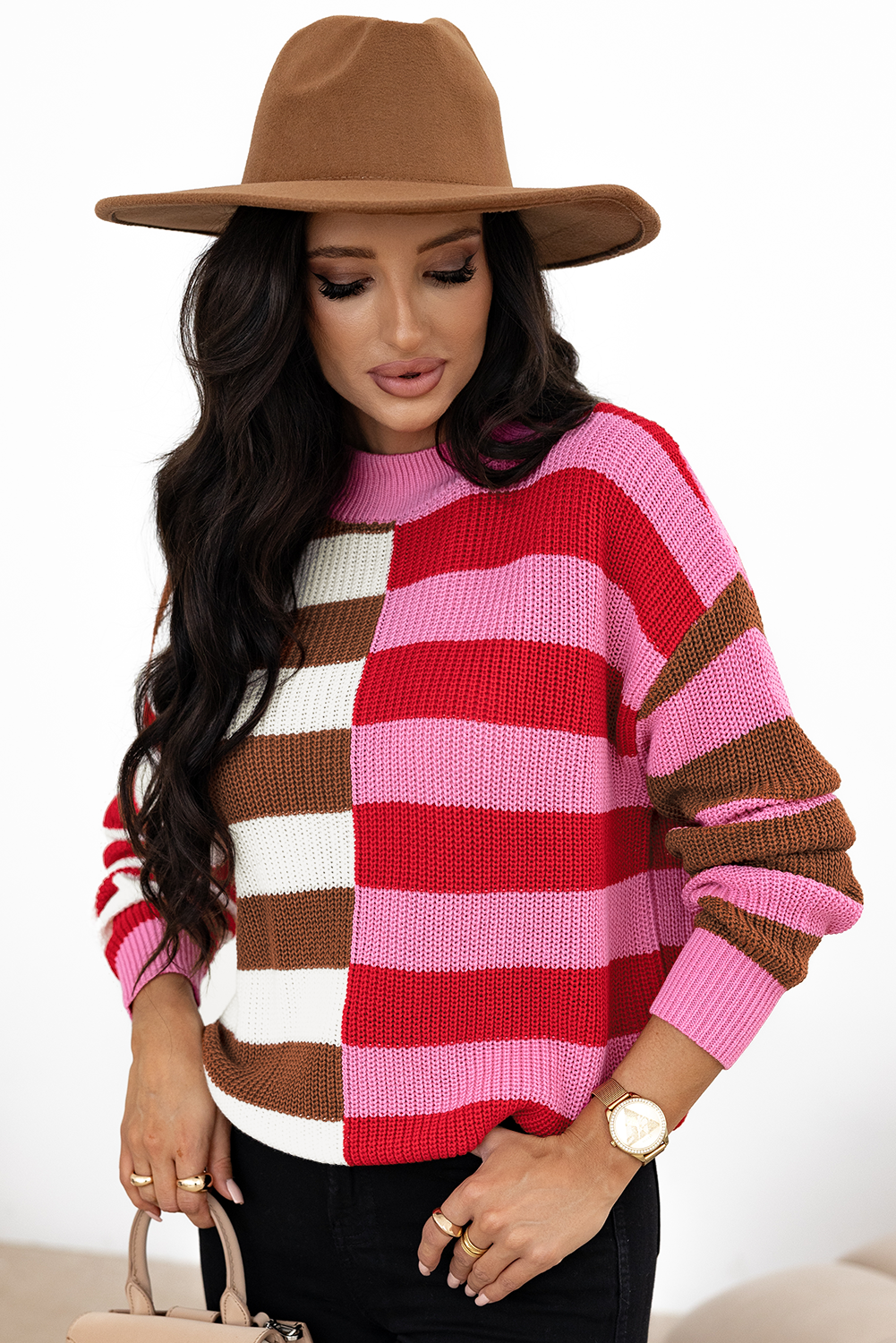Pink Stripe Color Block High Neck Drop Shoulder Loose Sweater Sweaters JT's Designer Fashion