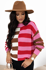Pink Stripe Color Block High Neck Drop Shoulder Loose Sweater Sweaters JT's Designer Fashion