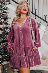 Meadow Mauve Plus Size Textured Velvet Tiered Buttons Tiered Dress Plus Size Mini Dresses JT's Designer Fashion