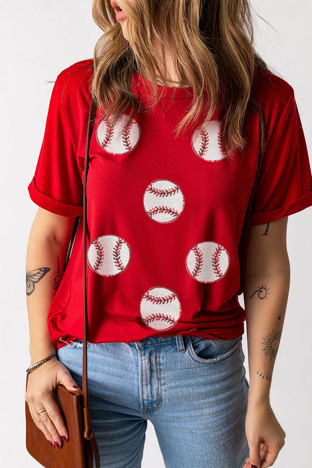 Red Glittering Rugby Pattern Crew Neck Game Day T Shirt Graphic Tees JT's Designer Fashion