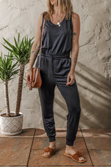 Black Casual Tank Style Tie Waist Pocketed Jogger Jumpsuit Jumpsuits & Rompers JT's Designer Fashion