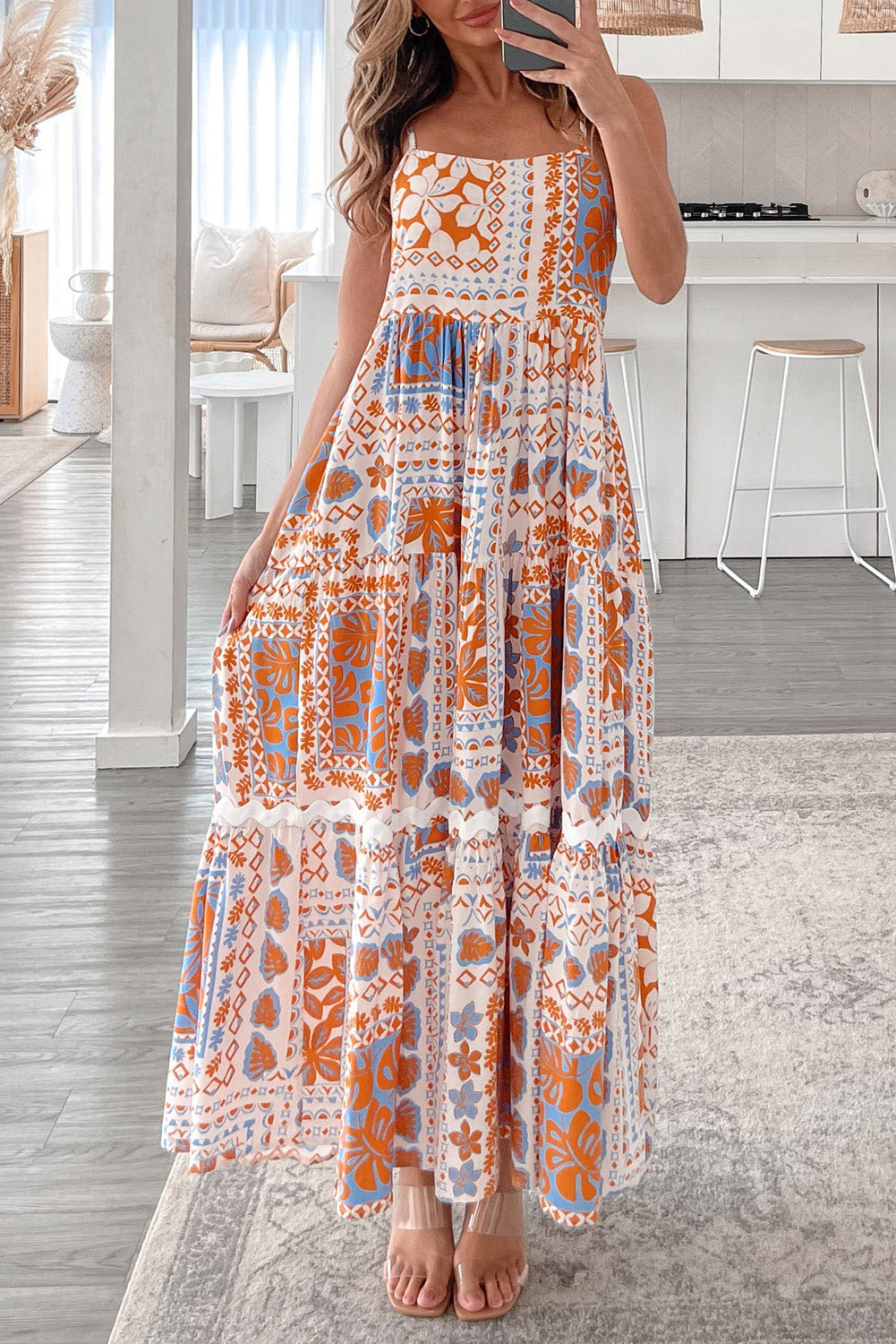 Orange Multi Printed Ricrac Trim Spaghetti Straps Long Dress Orange 100%Polyester Maxi Dresses JT's Designer Fashion