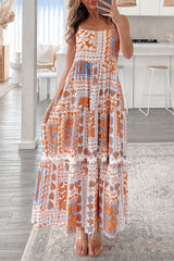Orange Multi Printed Ricrac Trim Spaghetti Straps Long Dress Orange 100%Polyester Maxi Dresses JT's Designer Fashion