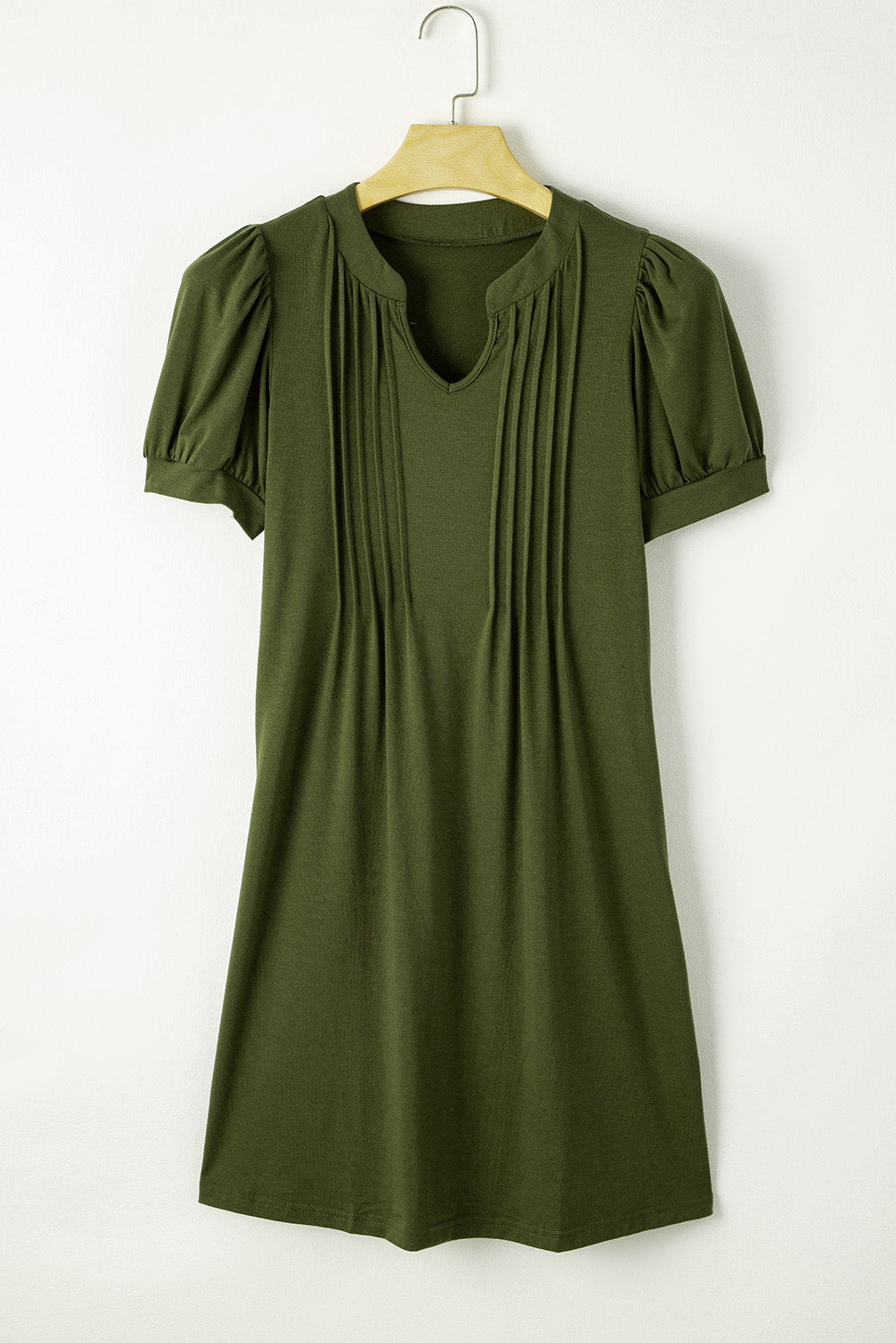 Fern Green Notched Neck Pleated Puff Sleeve Shift T-shirt Dress T Shirt Dresses JT's Designer Fashion