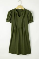 Fern Green Notched Neck Pleated Puff Sleeve Shift T-shirt Dress T Shirt Dresses JT's Designer Fashion