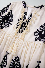 Beige Western Pattern Print Tasseled Notch V Neck Mini Dress Mini Dresses JT's Designer Fashion