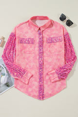 Apricot Pink Mineral Wash Sequin Patchwork Flap Pocket Shacket Jackets JT's Designer Fashion