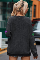 Black Mardi Gras Crown Sequin Patch Corded Baggy Sweatshirt Graphic Sweatshirts JT's Designer Fashion