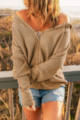 Khaki Zipper V-neck Dropped Sleeve Hooded Solid Sweater Sweaters & Cardigans JT's Designer Fashion