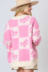 Pink Bowknot Checkered Pattern V Neck Drop Shoulder Button Up Cardigan Cardigans JT's Designer Fashion