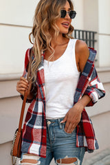 Fiery Red Hooded Plaid Button Front Shacket Plaid Shackets JT's Designer Fashion