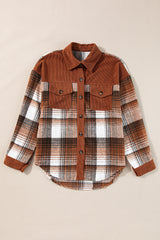 Cinnamon Plaid Corduroy Patchwork Chest Pocket Shacket Plaid Shackets JT's Designer Fashion