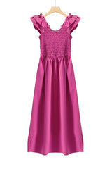 Rose Red Solid Color Ruffled Straps Smocked Ruched Long Dress Maxi Dresses JT's Designer Fashion