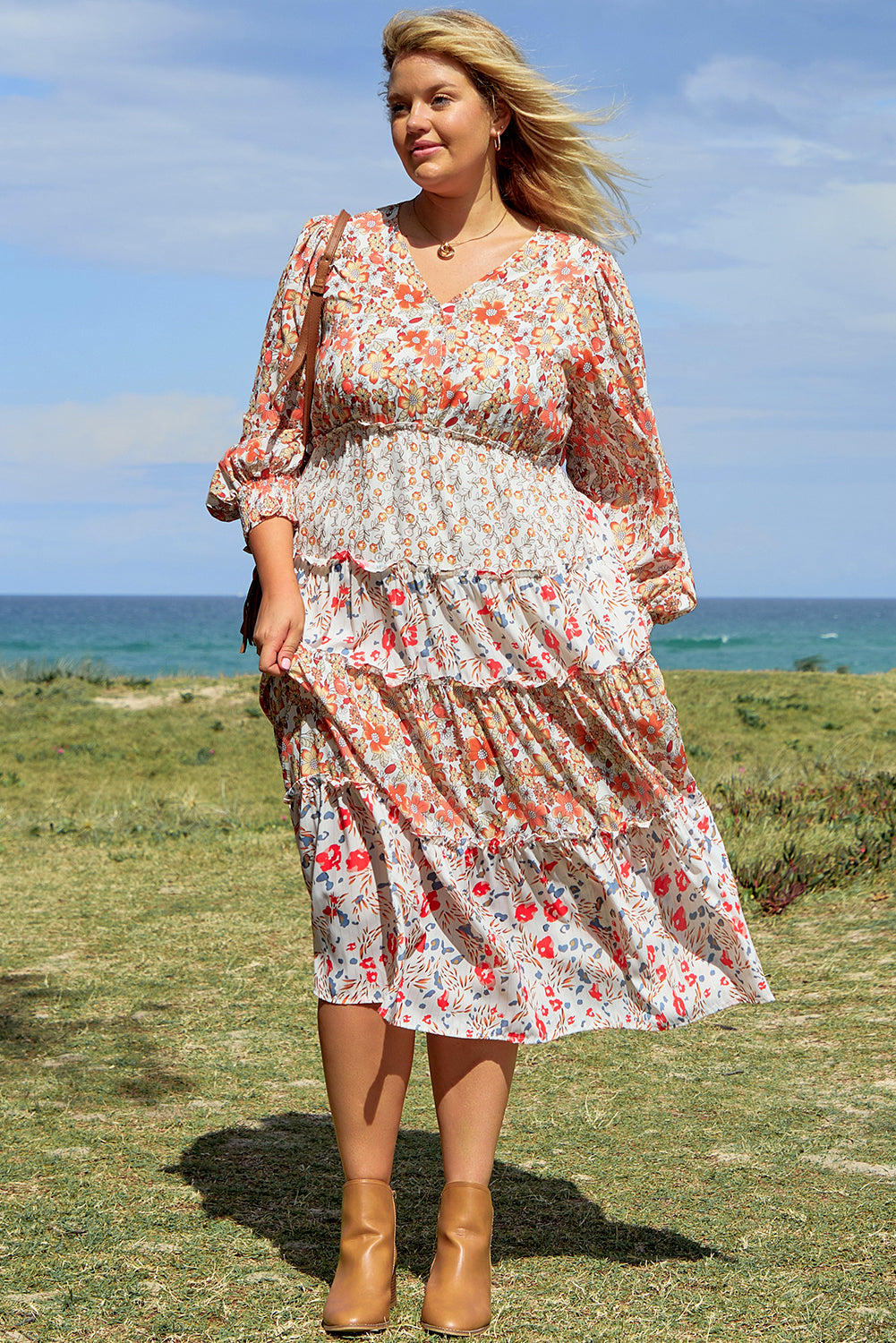 Khaki Plus Size Floral Tiered Ruffle Maxi Dress Plus Size Maxi Dresses JT's Designer Fashion