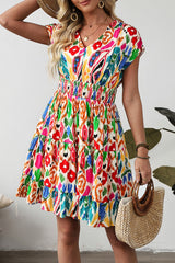 Sky Blue Abstract Print V Neck Dolman Sleeve Ruffle Tiered Mini Dress Dresses JT's Designer Fashion