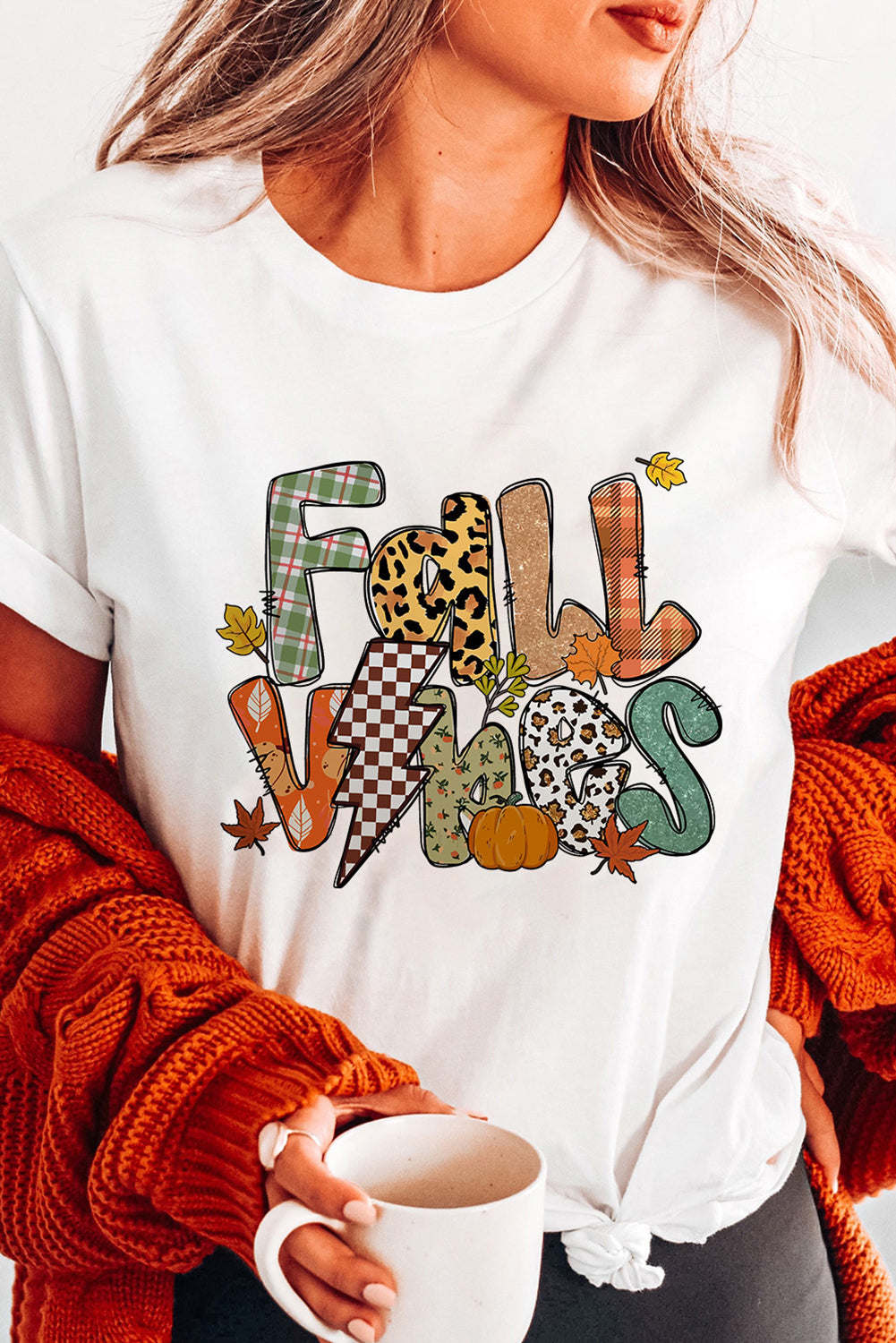 White FALL VIBES Cotton Blend Casual T Shirt Graphic Tees JT's Designer Fashion