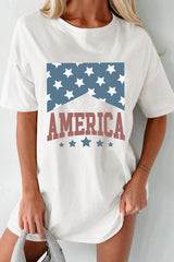 White AMERICA Stars Print Round Neck Oversized T Shirt Graphic Tees JT's Designer Fashion