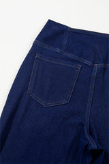 Dusk Blue Solid Crossed Waist High Elastic Fit Flare Knit Jeans Jeans JT's Designer Fashion